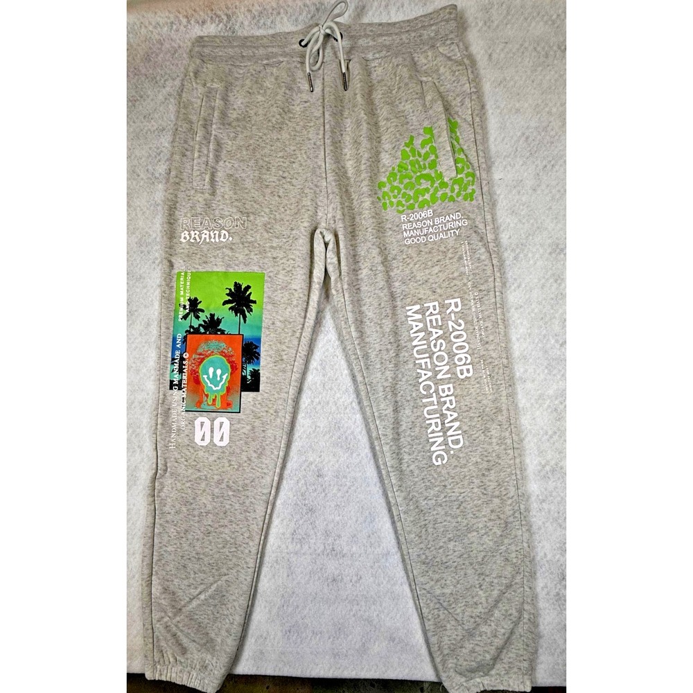 Reason Brand Graphic Jogger Sweatpants Mens XL Gray Streetwear Fleece Logo NWT
